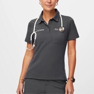 Figs Women’s Slim Technical Pique Short Sleeve Graphite Gray Polo Scrub Top
